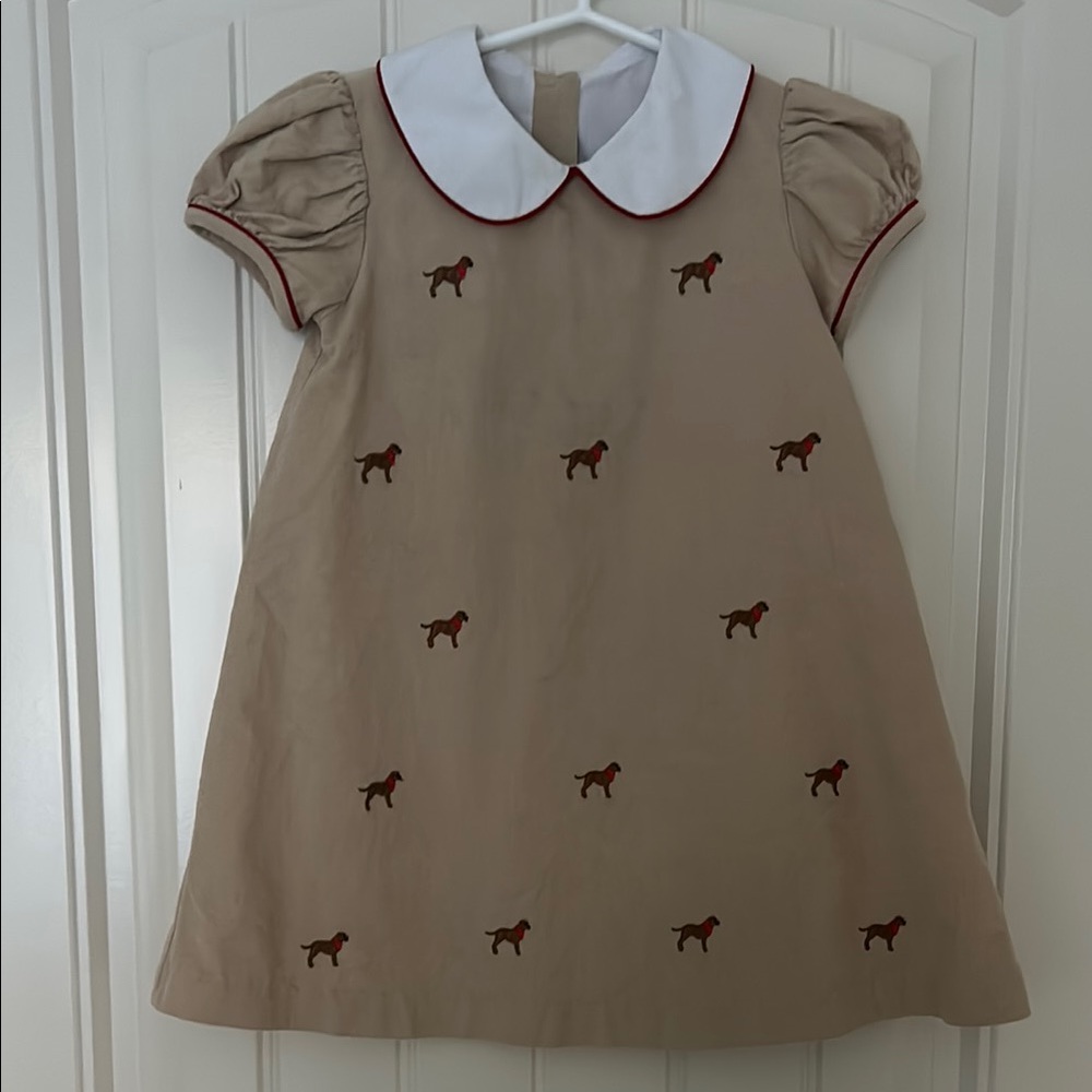 Charming hand smocked, soft corduroy,  Kids Dress with Embroidered Dogs.